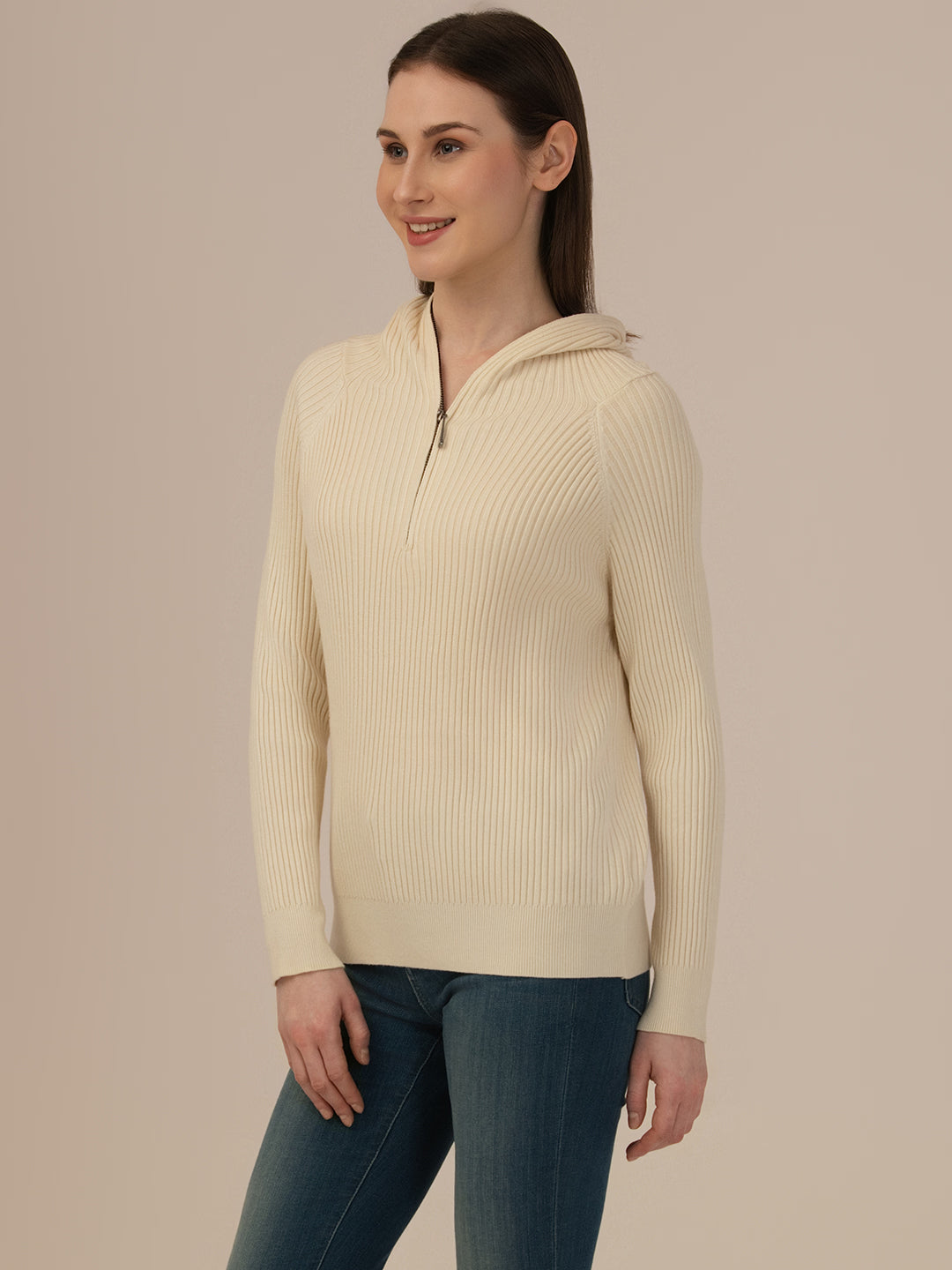 Albion Women’s Woollen Knit Hoodie – Elegant & Ultra-Soft, peach