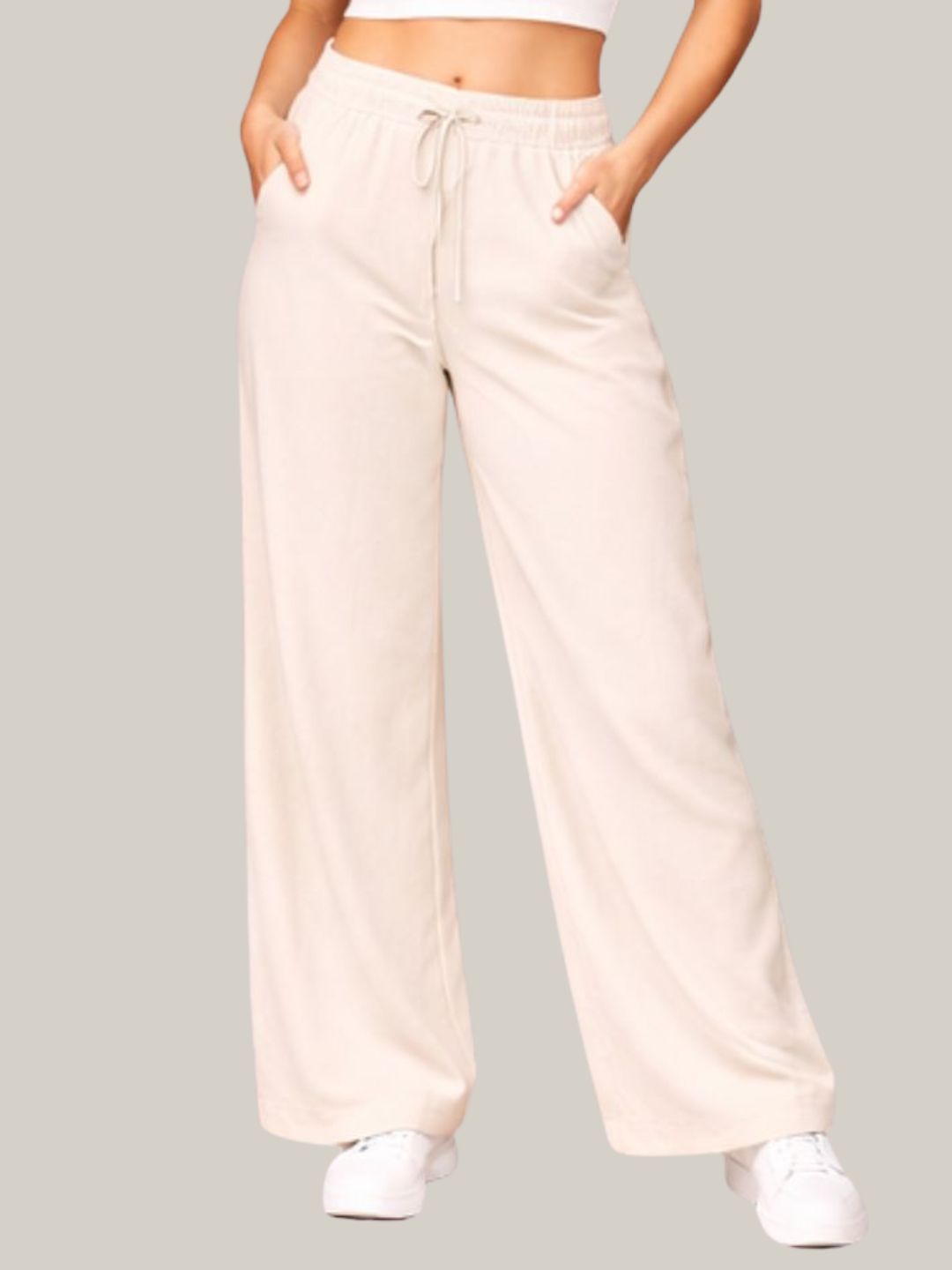 Albion Beige Wide Leg Pants with Drawstring Waist | Soft Comfortable Loose Fit Trousers for Women