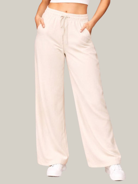Albion Beige Wide Leg Pants with Drawstring Waist | Soft Comfortable Loose Fit Trousers for Women