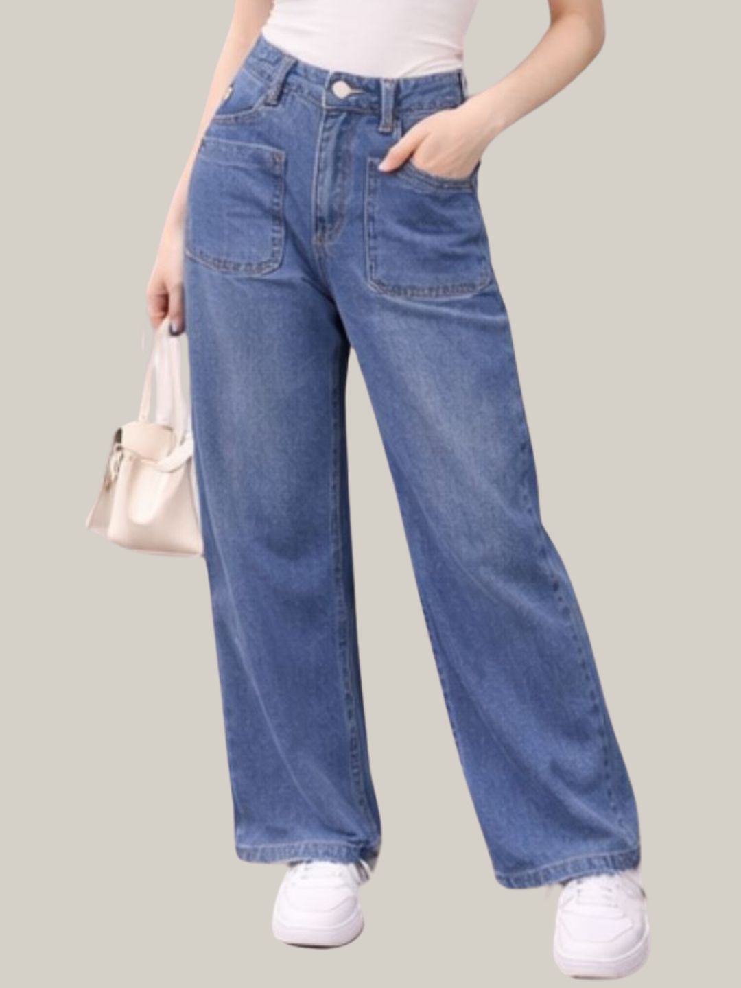 Albion Light Blue Wide Leg Jeans with Floral Embroidery | High Waist Trendy Denim for Women