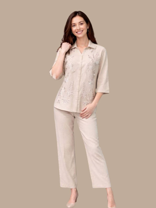 Albion Beige Minimal Co-Ord Set for Women | Premium Solid Shirt & Pant Set | Elegant Casual Outfit