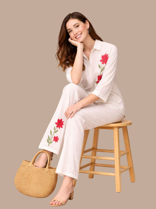 Albion Cream Embroidered Co-Ord Set for Women | Floral Shirt & Wide Leg Pant Set | Premium Elegant Outfit