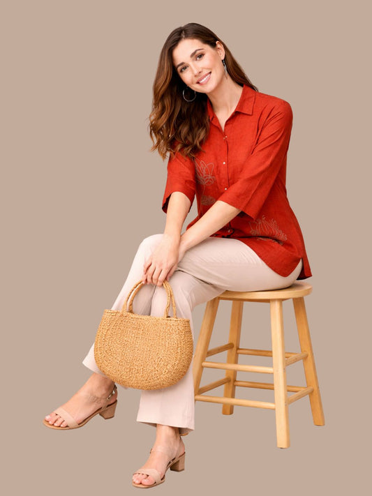 Albion Rust Embroidered Shirt & Pant Co-Ord Set for Women | Premium Loose Fit Stylish Outfit