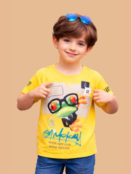 Albion Boys Yellow Graphic Printed T-Shirt | Frog Cartoon Casual Summer Cotton Tee for Kids