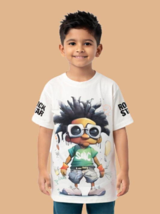 Albion Boys White Graphic Printed T-Shirt | Cool Cartoon Character Casual Cotton Tee for Kids