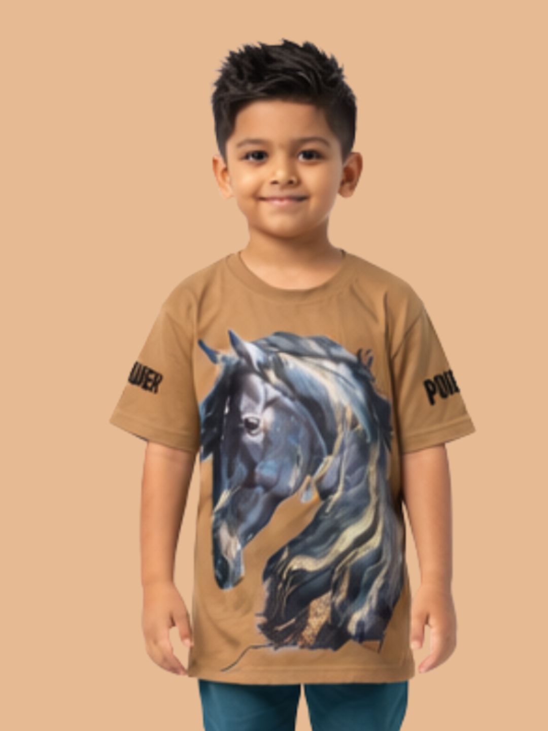 Albion Boys Khaki Horse Graphic Printed T-Shirt | Freedom Casual Cotton Tee for Kids