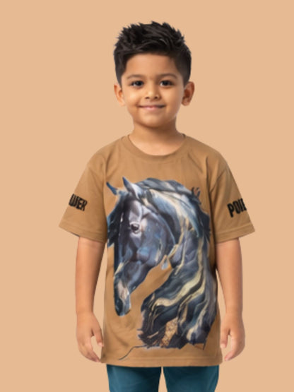 Albion Boys Khaki Horse Graphic Printed T-Shirt | Freedom Casual Cotton Tee for Kids