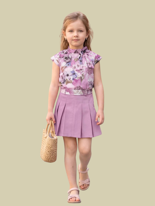 Albion Tiny Baby Girls Floral Printed Top & Pleated Skirt Co-Ord Set