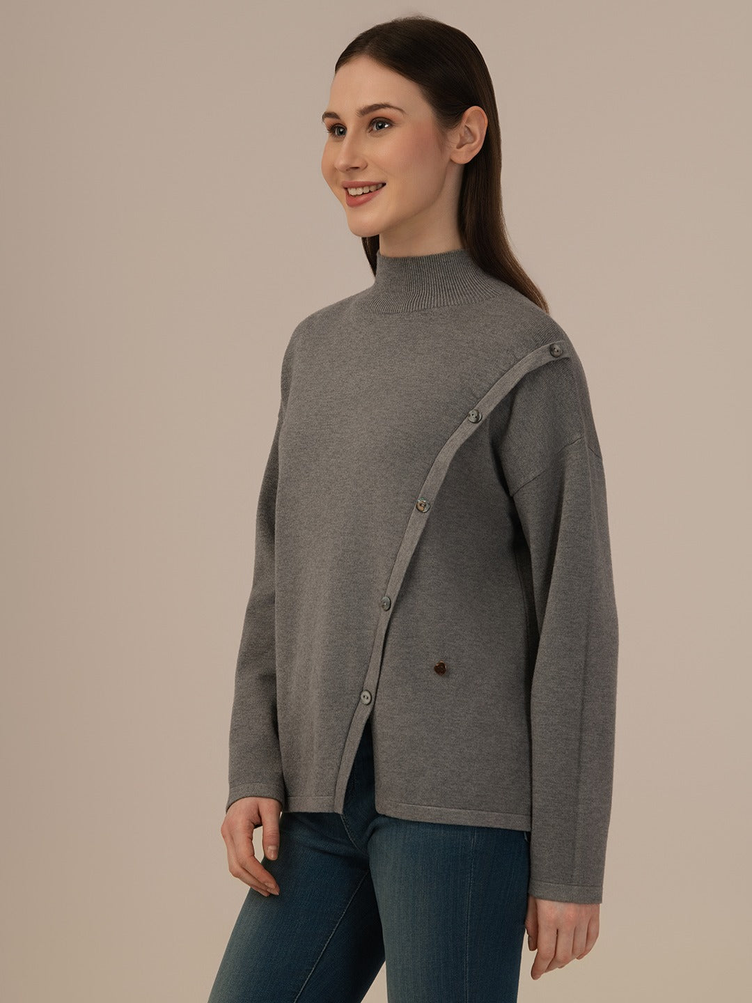 ALBION Women’s Designer Woolen Top – Elegant Look, Ultimate Warmth-GREY