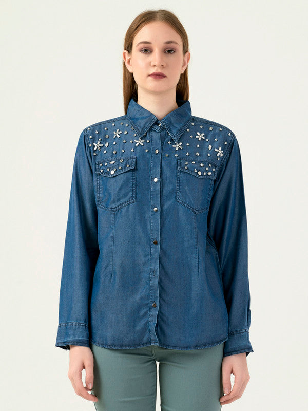 Albion Women Smart Premium D Blue Casual Shirt