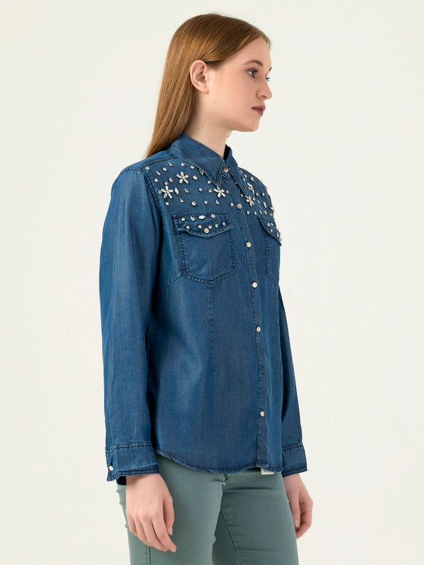 Albion Women Smart Premium D Blue Casual Shirt