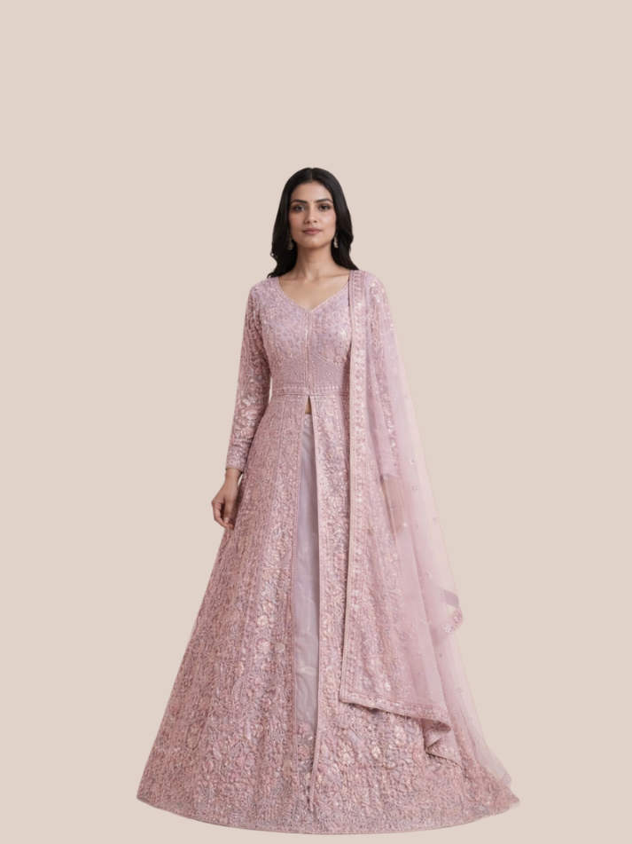 Albion Women’s Blush Pink Heavy Embroidered Bridal Lehenga Set with Dupatta