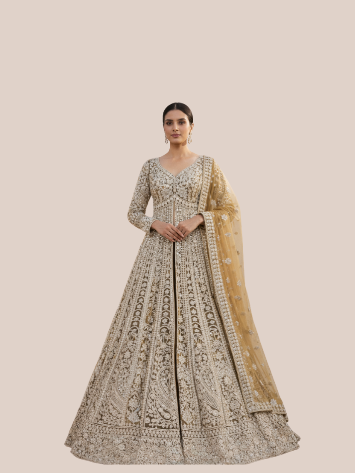 Albion Women’s Ivory Luxury Embroidered Bridal Lehenga Set with Dupatta