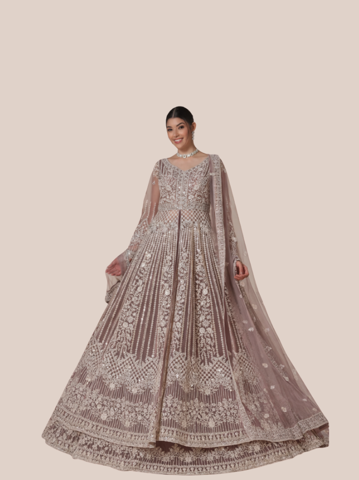 Albion Women’s Mauve Brown Luxury Embroidered Bridal Lehenga Set with Dupatta