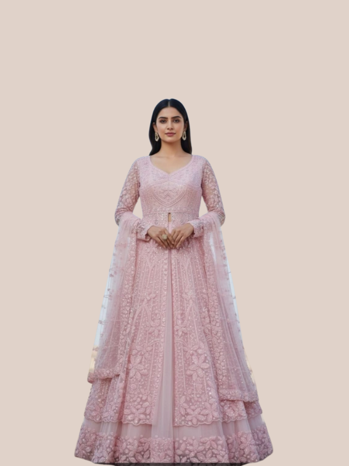 Albion Women’s Baby Pink Luxury Embroidered Party & Wedding Wear Lehenga Set