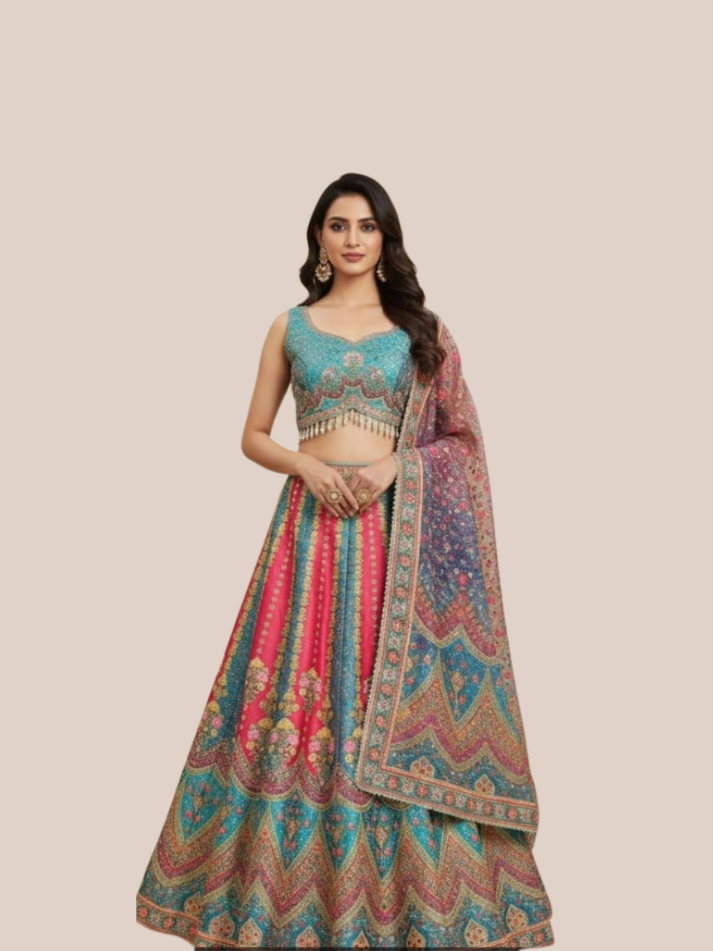 Albion Women’s Teal Pink Multicolor Printed Designer Party & Festive Wear Lehenga Set with Dupatta