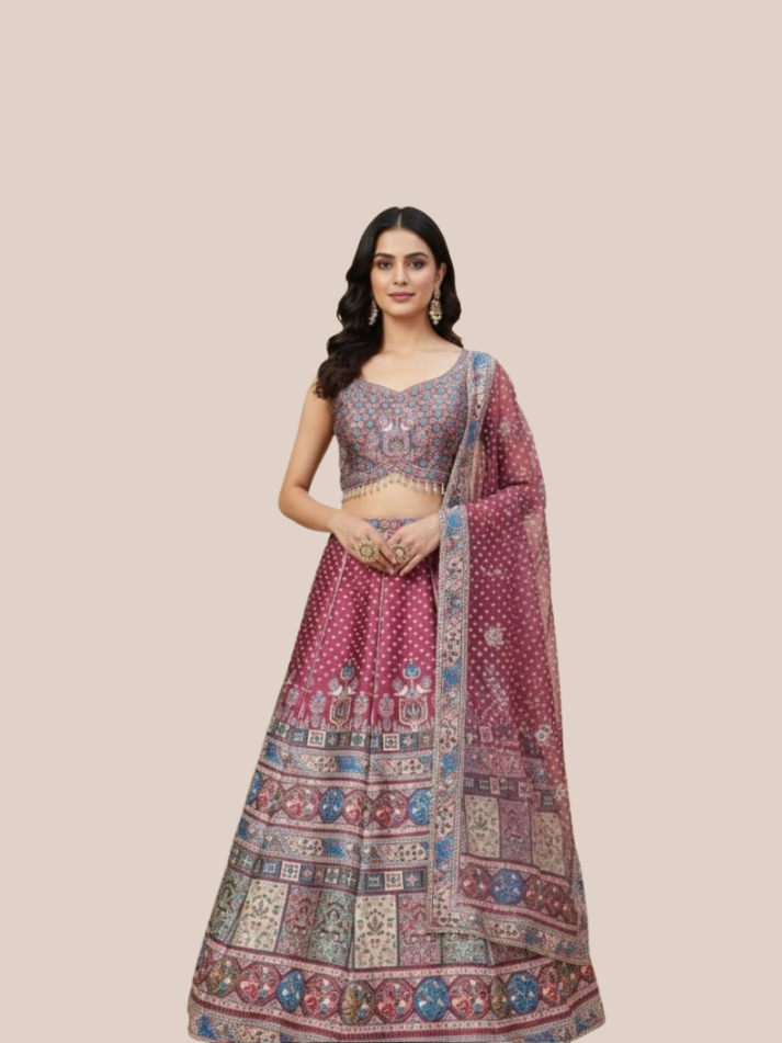 Albion Women’s Wine Pink Multicolor Printed Designer Party & Festive Wear Lehenga Set with Dupatta