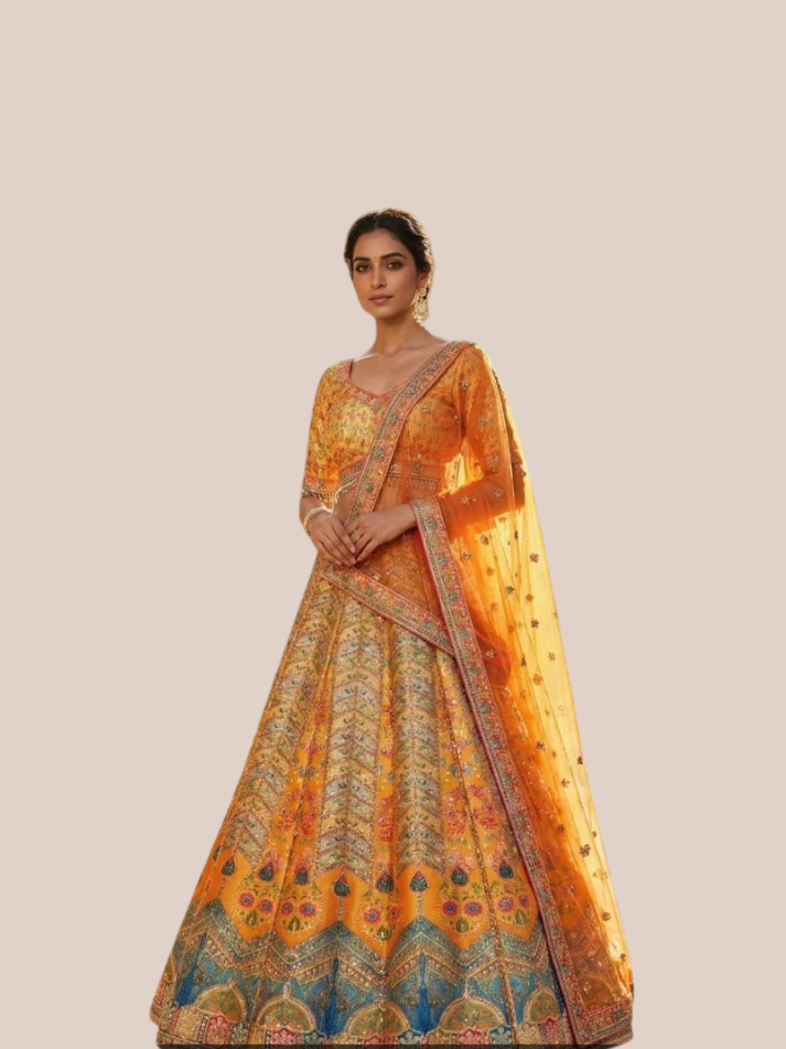 Albion Women’s Orange Multicolor Printed Designer Party & Festive Wear Lehenga Set with Dupatta
