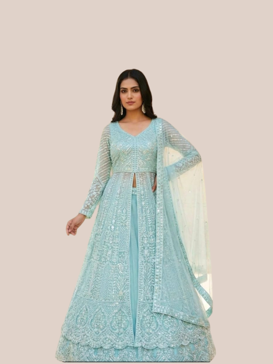 Albion Women’s Mint Blue Luxury Embroidered Party & Wedding Wear Lehenga Set with Dupatta