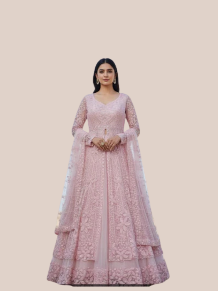 Albion Women’s Baby Pink Luxury Embroidered Party & Wedding Wear Lehenga Set with Dupatta