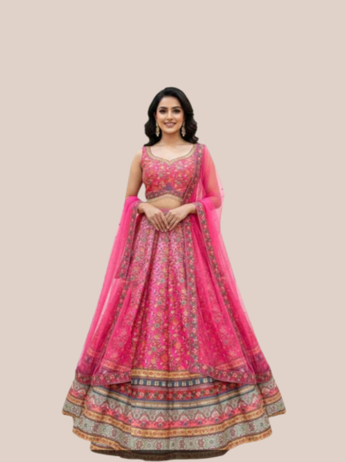 Albion Women’s Rani Pink Multicolor Printed Designer Party & Festive Wear Lehenga Set with Dupatta