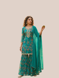 Albion Premium Teal Floral Embroidered Kurta Sharara Set With Dupatta For Women