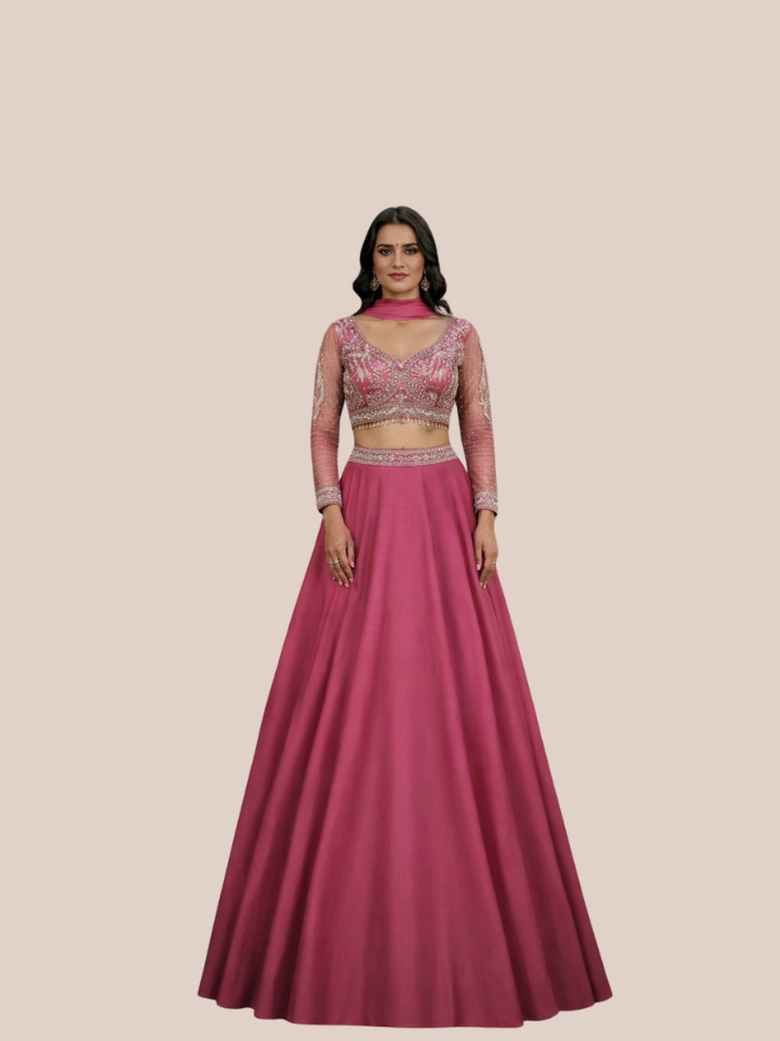 Albion Women’s Rani Pink Designer Party & Wedding Wear Lehenga Set with Choker Dupatta