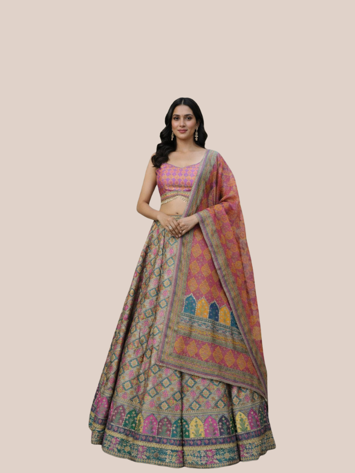 Albion Women’s Pink Multicolor Printed Designer Party & Festive Wear Lehenga Set with Dupatta
