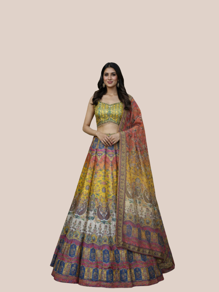 Albion Wner Party & Festive Wear Lehenga Set with Dupattaomen’s Yellow Multicolor Printed Design