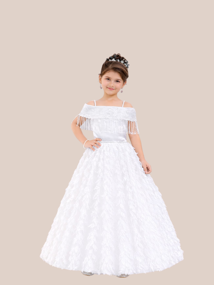 Girls White Princess Party Gown Off Shoulder Elegant Wedding Birthday Long Dress Kids Frock