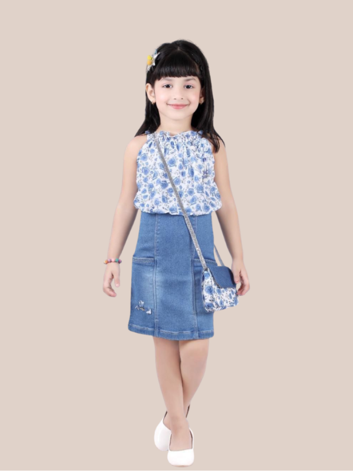 Albion Girls Blue Top and Denim Skirt Casual Wear Outfit