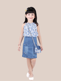 Albion Girls Blue Top and Denim Skirt Casual Wear Outfit