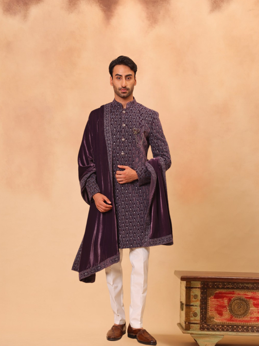 ALBION Premium Men’s Indo Western Ethnic Suit-Dark purple