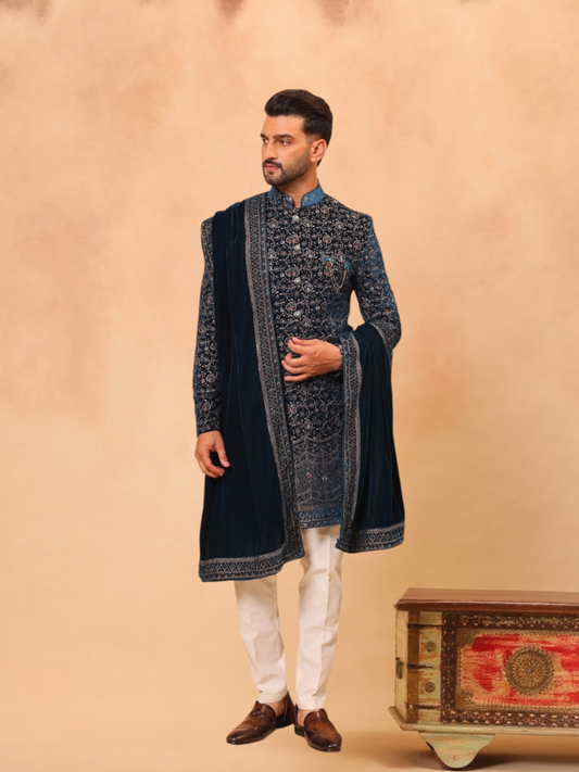 ALBION Designer Indo Western Suit – Men’s Wedding Wear-Dark Blue
