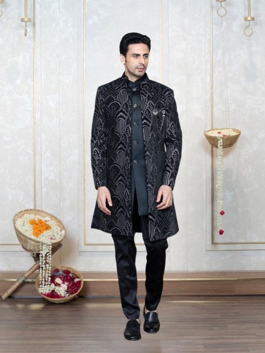 ALBION Men’s Indo Western Suit for Wedding & Festive Occasions-BLACK
