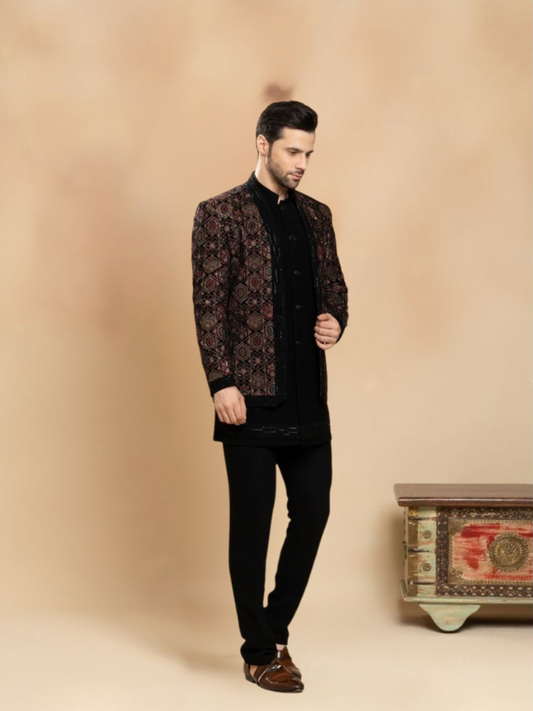 ALBION Designer Indo Western Suit – Men’s Wedding Wear-BLACK