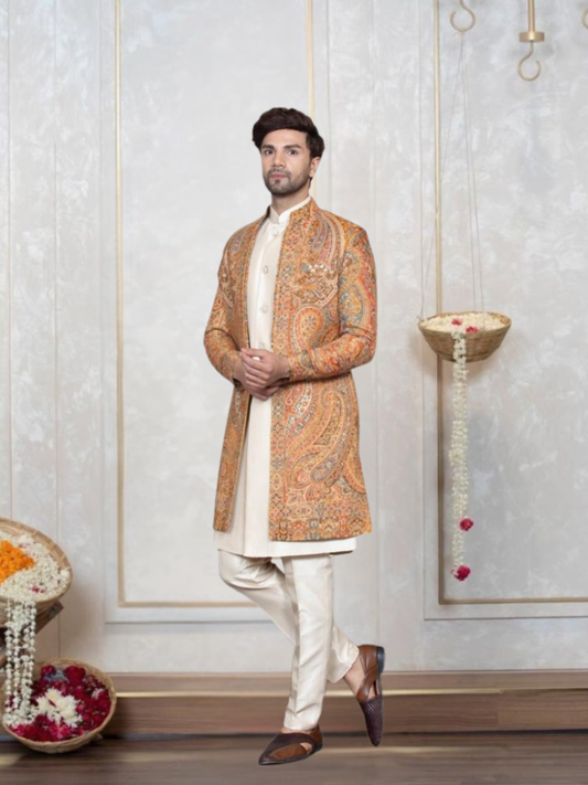 ALBION Premium Men’s Indo Western Ethnic Suit-Mustard