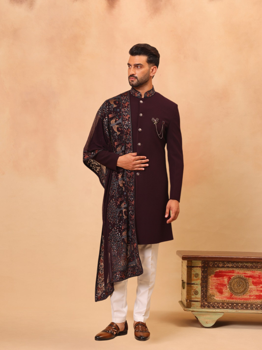 ALBION Men’s Ethnic Indo Western Suit – Classic Designer Wear-Mehroon