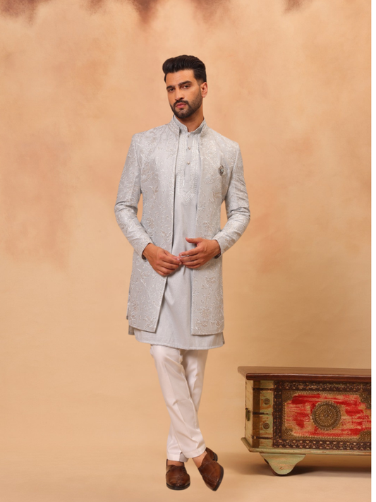 ALBION Men’s Indo Western Ethnic Suit- silver