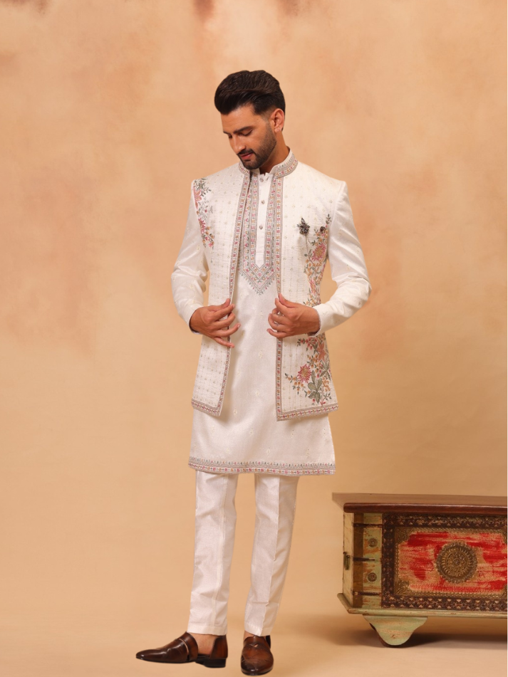 ALBION Men’s Indo Western Suit for Wedding & Festive Occasions-Pure White