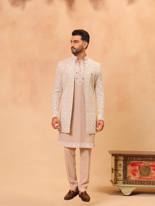 ALBION Premium Men’s Indo Western Ethnic Suit-CREAM