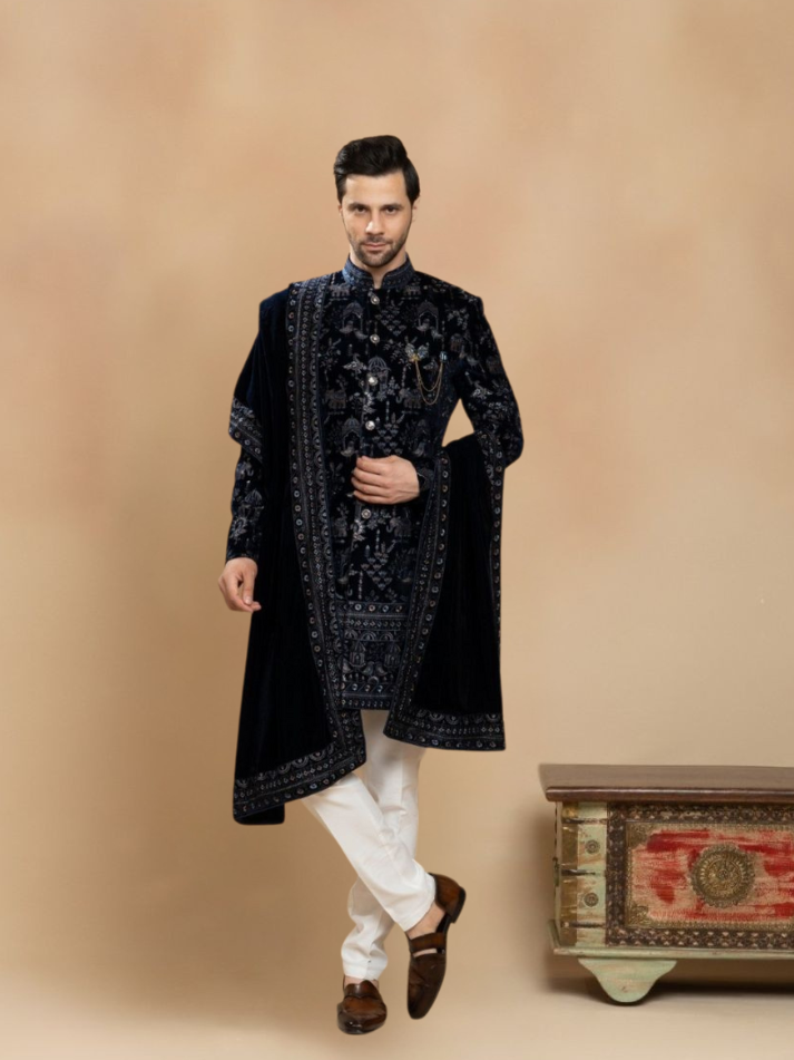 ALBION Designer Indo Western Suit – Men’s Wedding Wear-NAVY