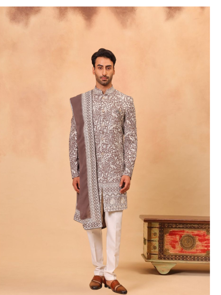 ALBION Men’s Indo Western Suit for Wedding & Festive Occasions-Brown/white