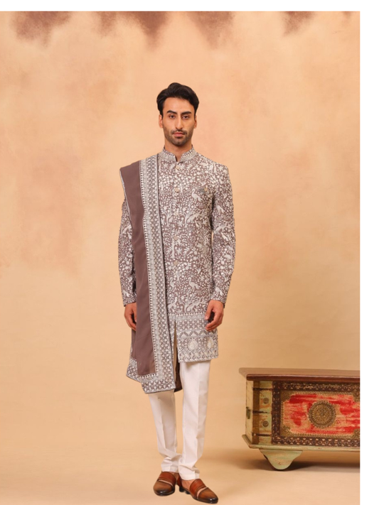 ALBION Men’s Indo Western Suit for Wedding & Festive Occasions-Brown/white