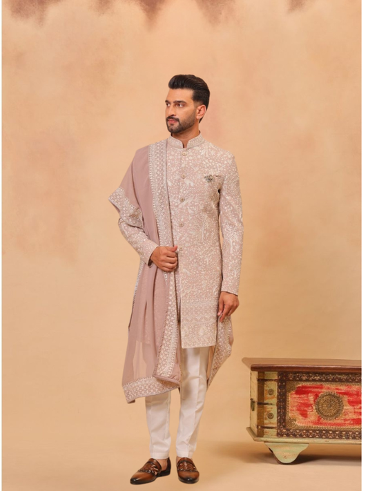 ALBION Designer Indo Western Suit – Men’s Wedding Wear-Pink/white