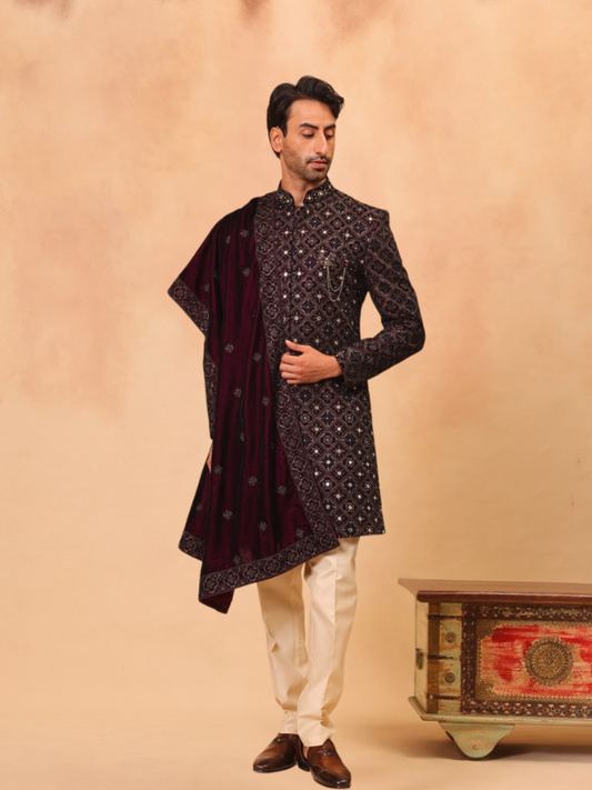 ALBION Men’s Indo Western Suit for Wedding & Festive Occasions-Mehroon